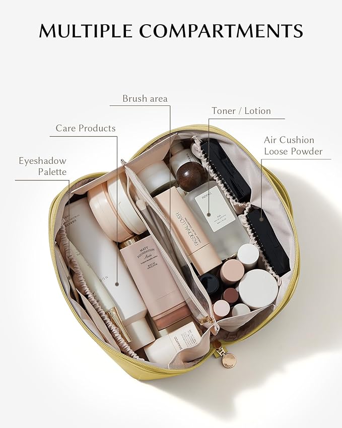 EACHY Travel Makeup Bag, Large Capacity Cosmetic Bag for Women, Waterproof PU Leather, Flat Open Portable Toiletry Bag for Skincare, Brushes & Travel Essentials