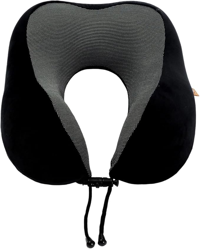 Memory Foam Travel Pillow, Neck Pillow with 360-Degree Head Support, Comfortable Ideal for Sleeping on Airplane, Car, Train, Bus and Home Use, Comes with Storage Bag (Black)