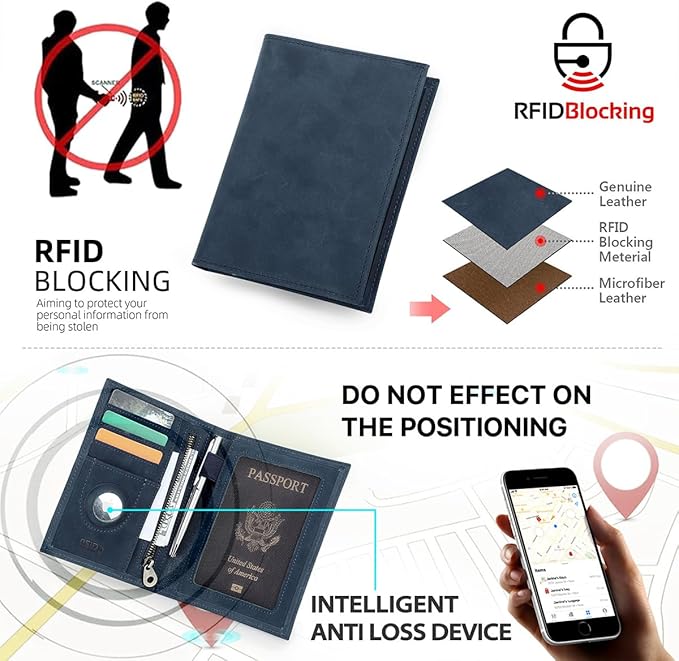CONTACTS Full Grain Leather Passport Holder RFID Blocking Travel Passport Wallet Compatible with Airtag Passport Cover Case with 4 Cards Slots, Coin Pocket (Blue)