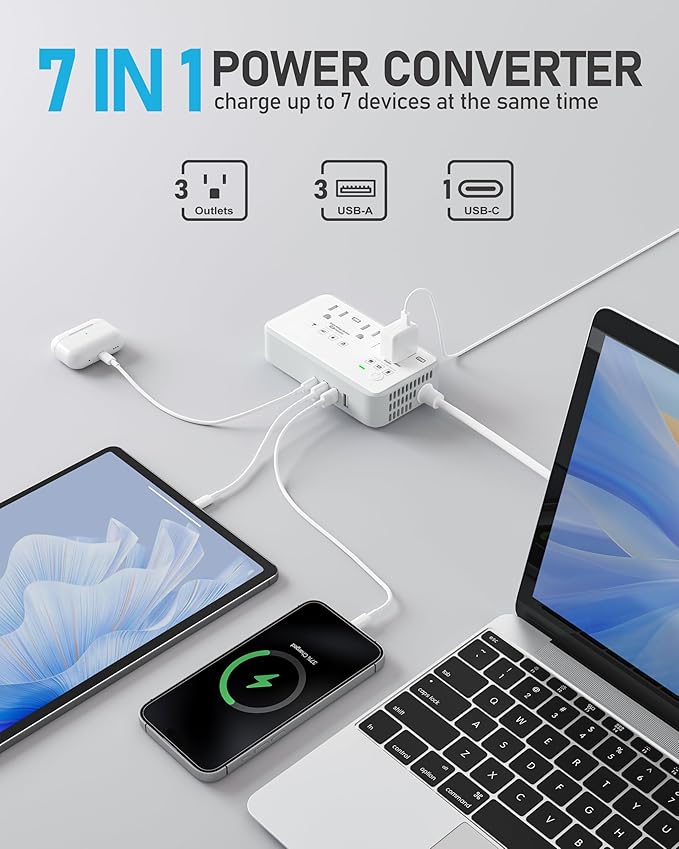 220V to 110V Voltage Converter US to Europe, 2000W Voltage Converter for European Travel with 3 AC 2 USB-C 2 USB-A Ports, and Universal European Travel Adapter (Gray)