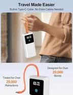 Laptop Power Bank, 24000mAh 65W Fast Charging Portable Charger with Built-in Cable, USB C Battery Pack with LED Display, Travel Essential External Battery Bank for Macbook/Notebook/Tablet/Phone White