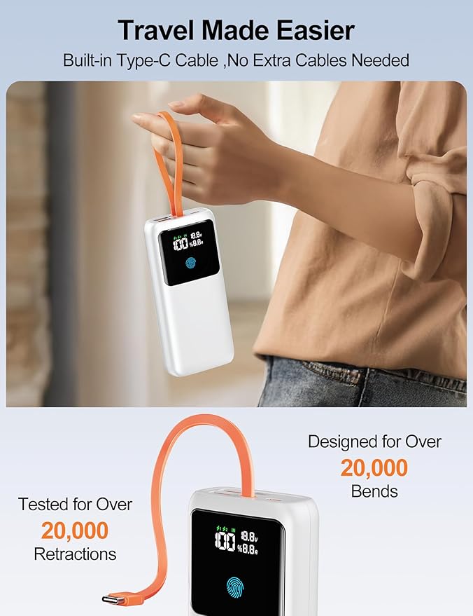 Laptop Power Bank, 24000mAh 65W Fast Charging Portable Charger with Built-in Cable, USB C Battery Pack with LED Display, Travel Essential External Battery Bank for Macbook/Notebook/Tablet/Phone White