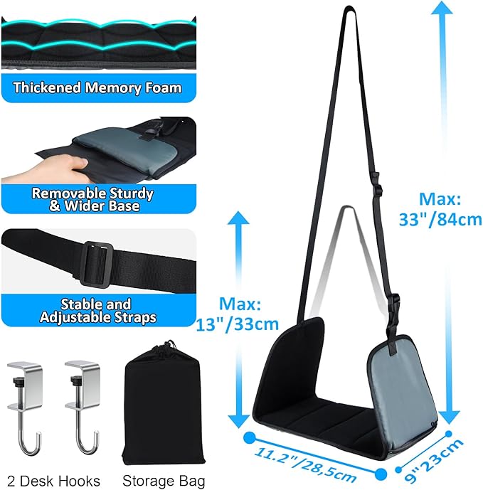 Foot Hammock Airplane, Memory Foam Footrest Under Desk with 2 Hanging Hooks, Adjustable Office Footstool Feet Rest Airplane Hammock Travel Footrest Plane Foot Sling for Gaming Long Flight, Grey