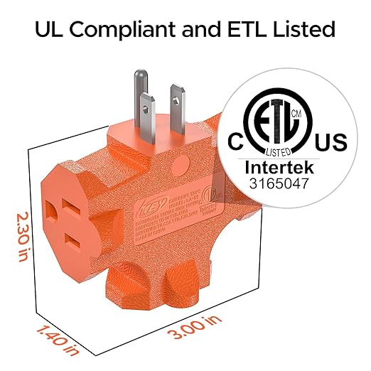 3-Pack 3 Way Plug Adapter, ETL Listed 3 Outlet Grounded Wall Outlet Splitter, 3 Prong Multi Outlet Adapter, 15A 125V 1875W, Power Splitter for Home, Office or Travel, Orange.