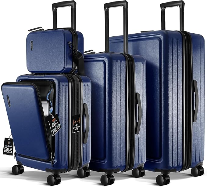 TRAVELARIM Navy Hardshell Luggage Sets 4 Piece, Durable Suitcase Set, Travel Luggage Set with Integrated TSA Lock, 360° Spinner Wheels, Expandable Medium and Large Checked Suitcase, 20/24/28 Inch