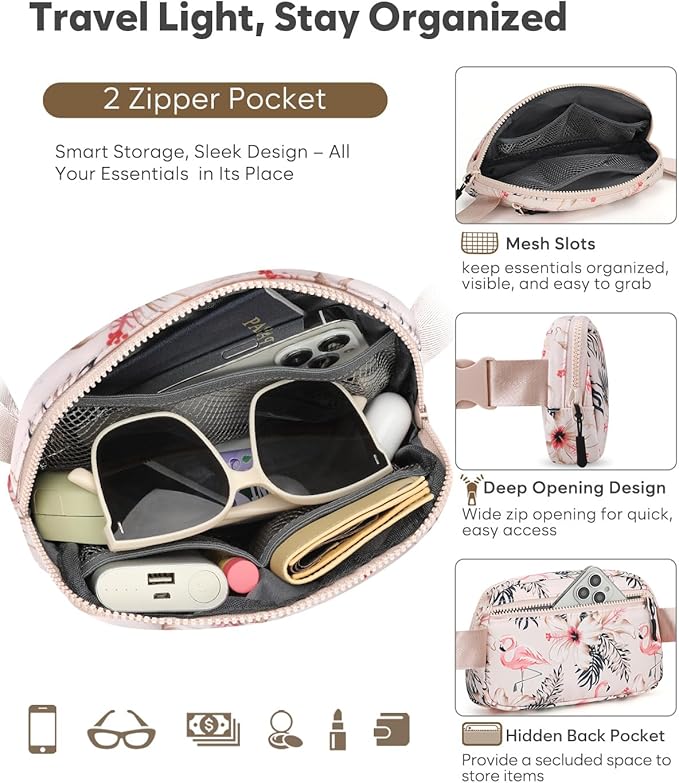 Pritent Fanny Packs for Women Cross Body Bag Waterproof Belt Bag with Adjustable Strap and Zipper Back Pocket Small Crossbody Bags Fashion Waist Packs for Workout Travelling(Flamingo Print)