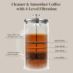 Veken French Press Coffee Maker 34oz 1 L, No Plastic Touching Cafe, Heat Resistant Thickened Borosilicate Glass, Stainless Steel Brewer, Cold Brew Cafetera Teapot for Kitchen Travel Camping, Silver