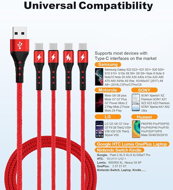 SIQIWO Multi USB C Cable Fast Charging, [4FT/2 Pack] QC 3.0(3A) USB C Splitter Cable, 4 in 1 Charger Cord with 4 Type C Ports, for iPhone 17/16/15 Series, iPad Air/Pro, Samsung Galaxy S26, Pixel, PS5