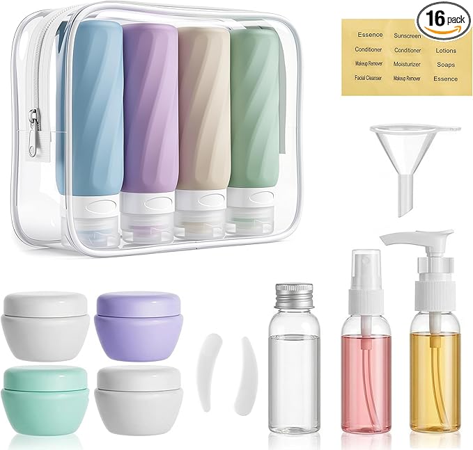16 Pack Travel Bottles for Toiletries, TSA Approved 3oz Leak Proof Refillable Silicone Squeezable Containers Kit for Shampoo Lotion Conditioner with Toiletry Bag