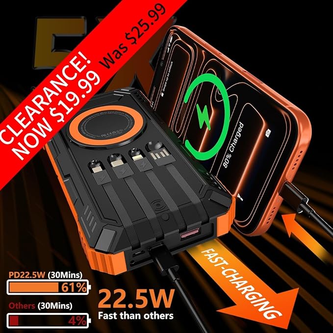 Solar Charger Power Bank– Clearance! 20000mah 15W Wireless Charger with PD22.5W Fast Charging Port, Portable Solar Panel Charger, Phone Charger Built-in 4 Cables– Only $19.99