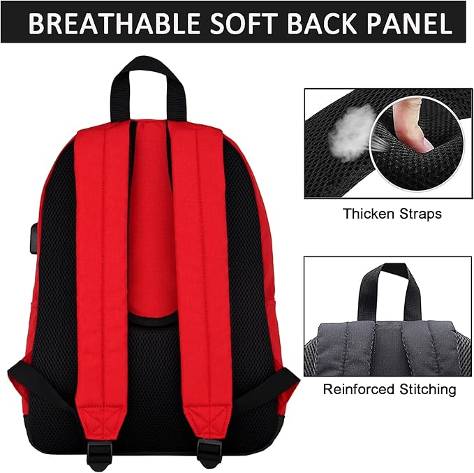 SUPACOOL Casual Laptop Backpack for Men and Women, Backpack for College, USB Charging Port, Lightweight Pack Back(Red)