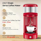 Single Serve Coffee Maker, 2 in 1 Brewer for K Pod & Ground Coffee, 90s Rapid Brew 6 to 14oz Capacities with Auto Shut Off, Small Compact Design for Home Office Travel Camping-Red