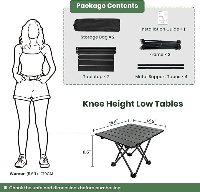 2 Pack Portable Camping Table Foldable, Ultralight Small Folding Beach Table with Carry Bag for Outdoor Travel, Beach, Camp, Picnic, BBQ, Cooking, Festival, Boat, Home Use (Black-S)