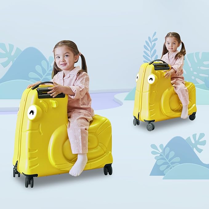 Kids Luggage, Kids Ride-on Luggage with Spinner Wheels Suitcase, Kid's Ride-On Suitcase Help Your Child Relax, Carry On Trolley Luggage with Password Lock, 20"", Yellow, QX-20