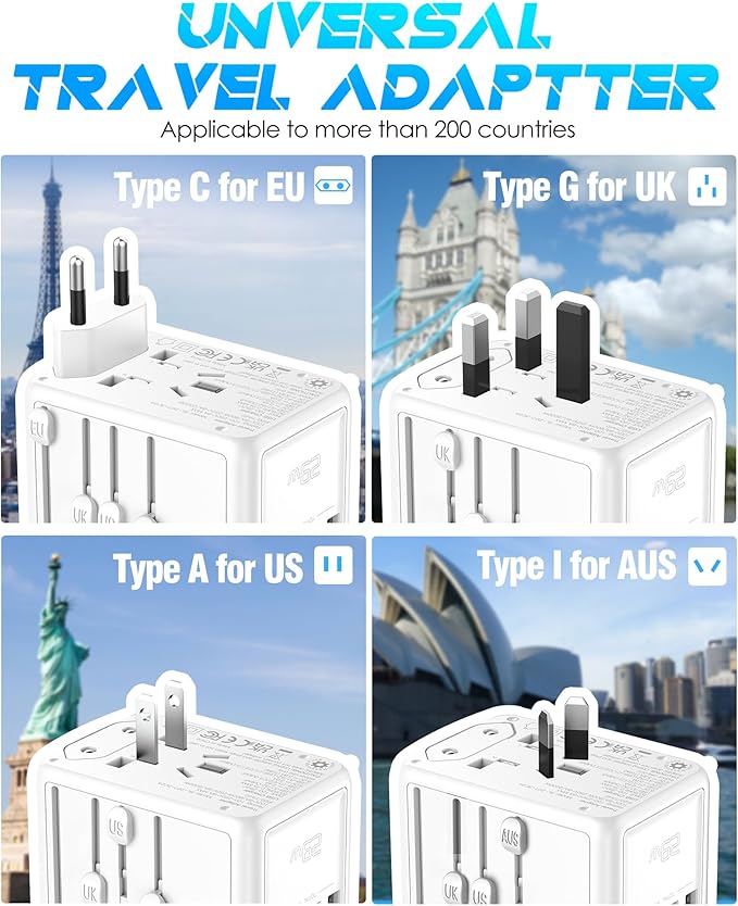 Universal Travel Adapter, 30W 5 USB C/A Ports, 2500W AC Outlet, International Power Adapter for All USB Devices, Multi Plugs 110V 220V A/C, European Travel Plug Adapter for 200+ Countries (White)