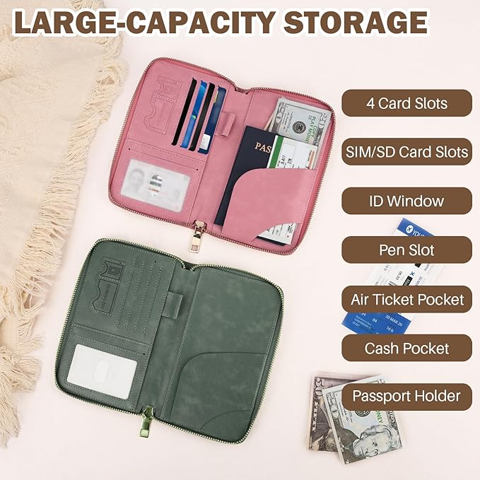 RFID Blocking Passport Wallet, Anti Theft PU Leather Passport Pouch with Tracker Case, Travel Document Organizer Zipper Wallet with Wrist Strap, Gifts for Women and Men (Green)