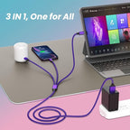 Multi Charging Cable [2Pack 4FT], 3 in 1 Charging Cable USB-A Multi Charger Cable, Braided Multiple Charger Cord with Type-C, Micro USB and IP Port for iPhone 16/15 Series/Cell Phones and More-Purple