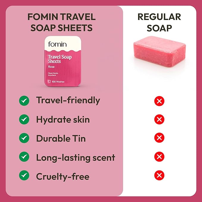 FOMIN - Antibacterial Paper Soap Sheets Tin for Traveling - 3 Pack Rose - Portable Travel Hand Soap Sheet, Dissolvable Mini Camping Hand Soap for Hand Washing