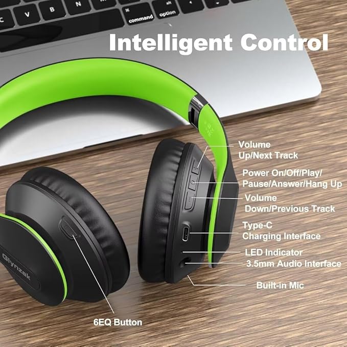 Wireless Bluetooth Headphones Over Ear 65H Playtime HiFi Stereo Headset with Microphone and 6EQ Modes Foldable Bluetooth V6.0 Headphones for Travel Smartphone Computer Laptop