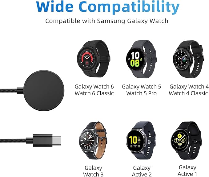 USB C Charger for Samsung Galaxy Watch 7/6/6 Classic/5/5 Pro/4/4 Classic/3/Active 2, (2 Pack) Upgrade Nylon Galaxy Watch Charger Cable