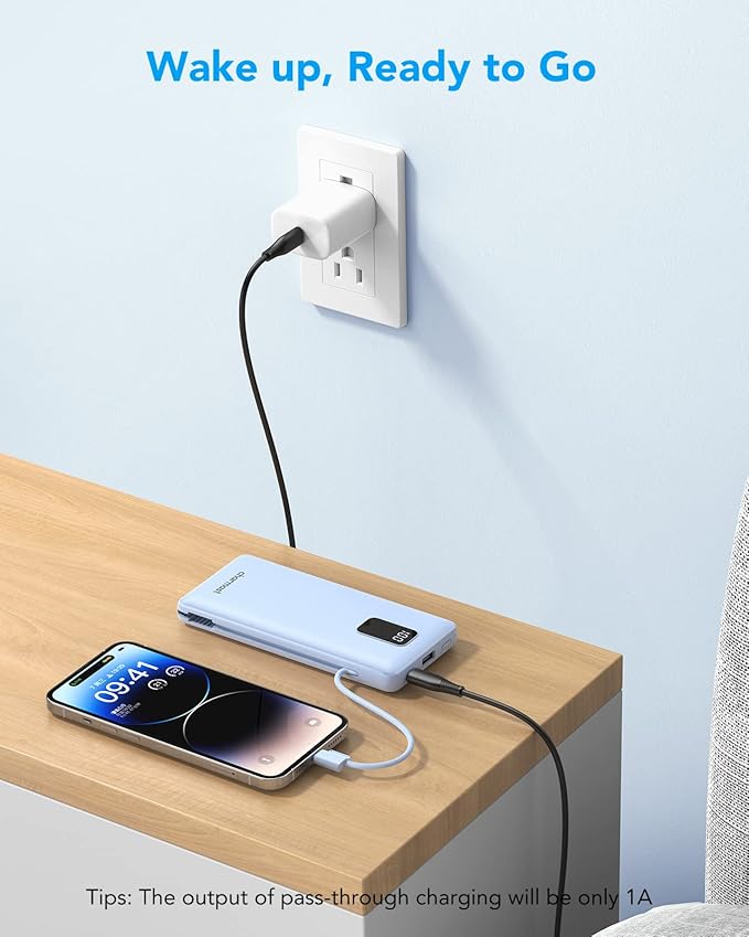 charmast Portable Charger with Built-in Cables and Wall Plug, 10000mAh USB C Portable Power Bank, Potable Phone Charger, Travel Essentials Compatible with iPhones, Samsung Galaxy, iPad