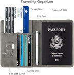 WALNEW Passport Holder for Travel, RFID Passport Cover Wallet for Women Men, PU Leather Passport Book Card Holder Case with Pen, Travelling Essentials for Flying