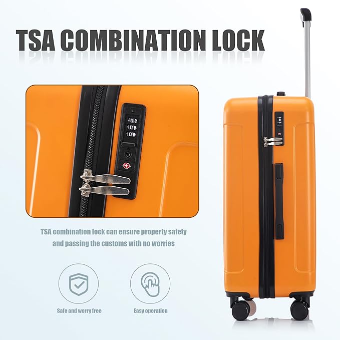 Luggage Sets 3 Piece with Double Spinner Wheels, Carry on Hardshell ABS Suitcases Set with TSA Lock, Lghtweight Checked Luggage for Different Travelling (Black+Orange, 20"/24"/28")
