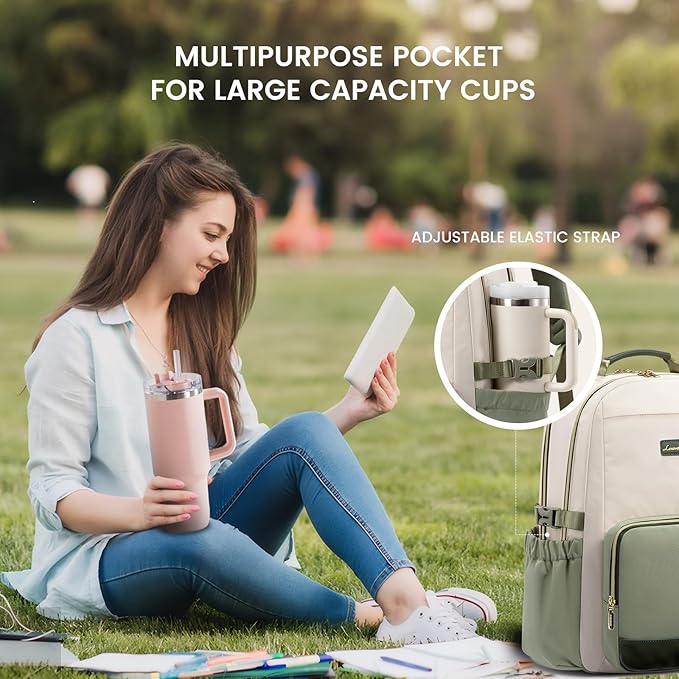LOVEVOOK Laptop Backpack for Women with Pouch Pocket for Large Capacity Cup,17 Inch Laptop Computer Bag Travel Backpack Purse,Waterproof Work College Teacher Bags,White-Bean Green-Dark Olive Green