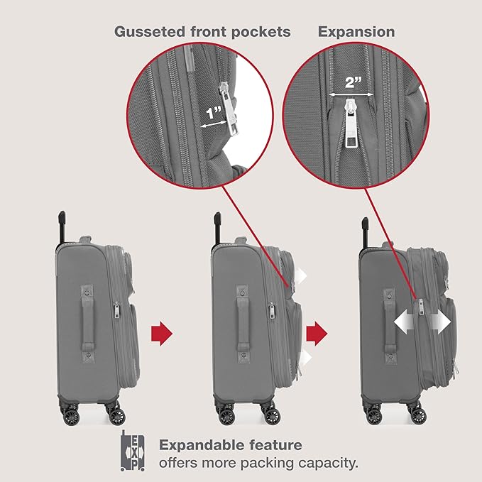 U.S. Traveler Rio Lightweight Softside Rolling Carry-on Suitcase, 4-Wheel Single, Light Gray