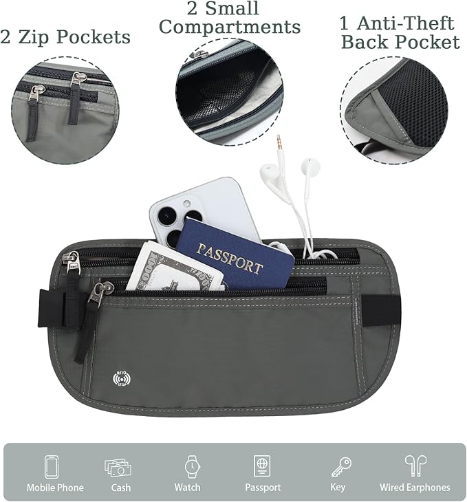 FuninCrea Waterproof Hidden Money Belt for Travel, Anti-Theft Belt Bag with RFID Blocking Function Adjustable Slim Waist Bag with 2 Zipper Pockets & 1 Back Pocket for Travel Running (B, Deep Grey)