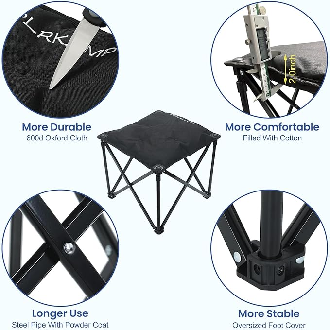 Padded Camping Stool, 18 Inch Oversized Folding Camping Foot Rest, 500lb Outdoor Camp Chair Footstool, Portable Camping Ottoman w/Storage Net, Carry Bag, for Camping Gardening (2, Black)