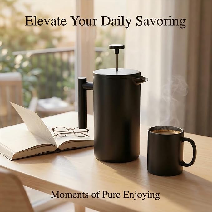 YJX 34oz Coffee Maker, Stainless Steel French Press, 1 Liter Camping Coffee Pot, Tea Maker, 34 Ounce Travel Coffee Presses, Heat Resistant Double Insulated (Black)