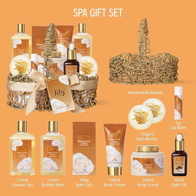 Mothers Day Gift Basket for Mom, Gifts for Women - 10-Piece Vanilla Bath and Body Gift Set for Women, Spa Gift Basket for Women, Spa Kit, Self Care Kit | Gifts for Valentines Day, Birthday, Christmas