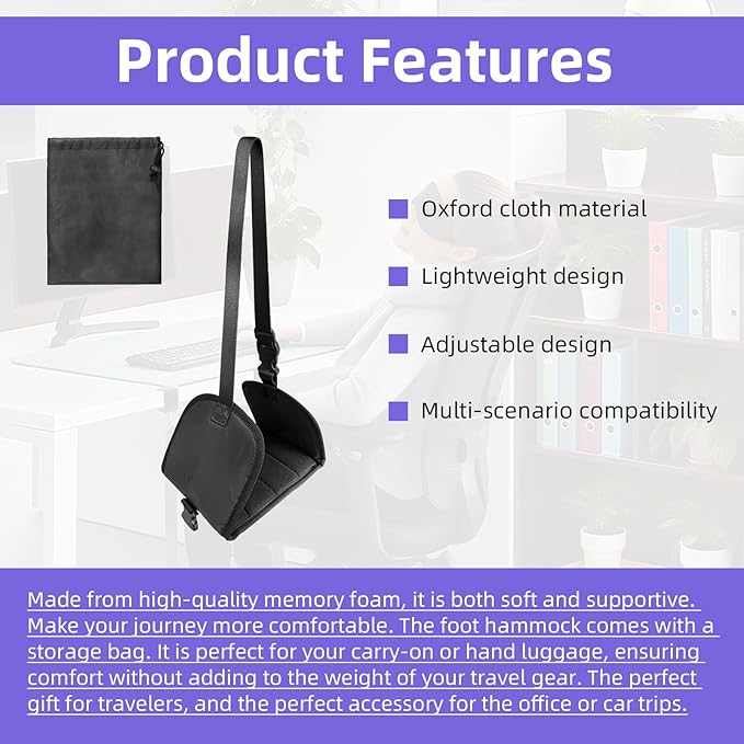 Foot Hammock Airplane, Comes with Two Tabletop Hooks and Inflatable u-Shaped Pillow and Eye mask Adjustable Airplane footrest Travel Essential, Portable Office footrest, Relax Your feet