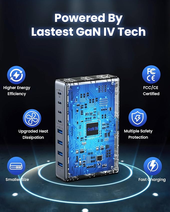 USB C Charger 200W USB C Charger Block,Upgraded GaN III 8-Port Fast Charging Station Hub,PD 65W Laptop Charging Adapter Compatible with MacBook Pro/Air,DELL,Steam Deck,iPhone 16/15/14,Galaxy S23/22