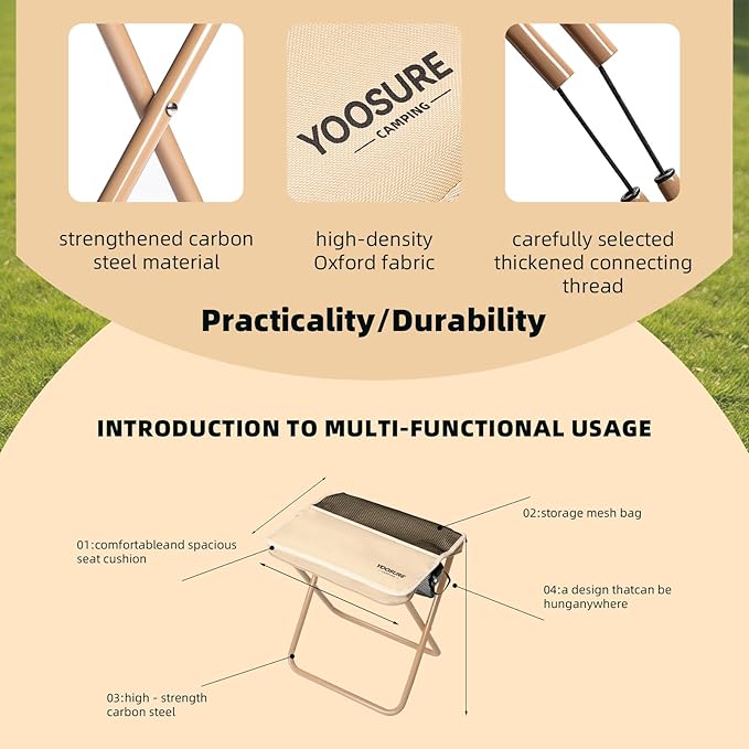 16" Extra Tall XL Portable Chair for Adults, Collapsible Purse Chair Heavy Duty Camp Seat with 3 Storage Pockets for Fishing Hiking Gardening, Lightweight Travel Purse Stool