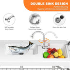Folding Fish Cleaning Table with 2 Sinks, 42.5'' Portable Camping Sink Table with Foldable Faucet, Drainage Hose, Sprayer, Storage Box,Drawer & Grooves, Outdoor Fillet Station for Picnic, White