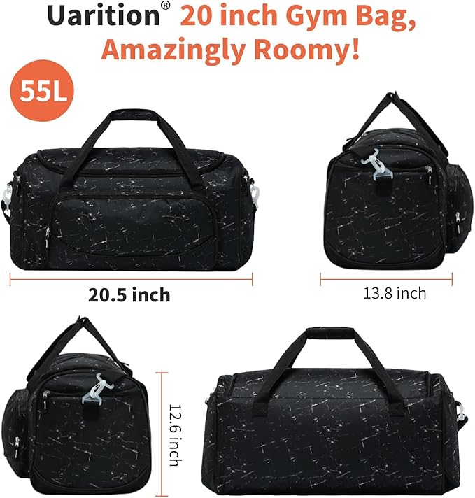 Uarition Men's Large Duffle Bag, 55L Heavy Duty Gym Bag for Sports, Workout, and Travel - Durable Duffel Gear Bag in Marble Black