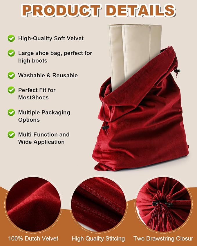 2 Pcs Shoe Bags for Travel, 21.2"x13.3" Large Boot Bags for Cowboy Boots, Washable Velvet Dust Bag with Drawstring for Dress Shoes, Handbags and Clothing, Suitable for Travel and Home Storage