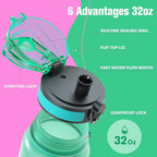 Sahara Sailor Water Bottle, 32/25/17oz Durable and Leakproof Water Bottles Motivational with Time Marker, Tritan, BPA Free, Wide Mouth with Easy Clean Brush for Gym, Travel, School, Office (1 Bottle)