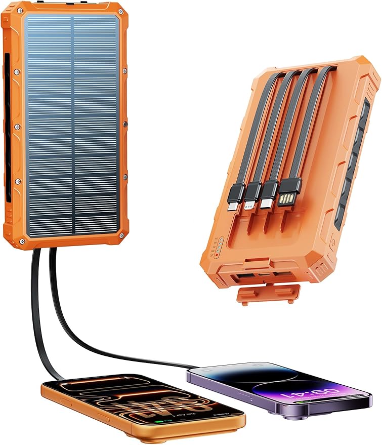 Solar-Charger-Power-Bank - 20000mah Solar Powered Battery Charger Cell Phone,20W Fast Charging Built in Cables,Camping Essentials Portable External Battery Pack Compatible with Multiple Devices
