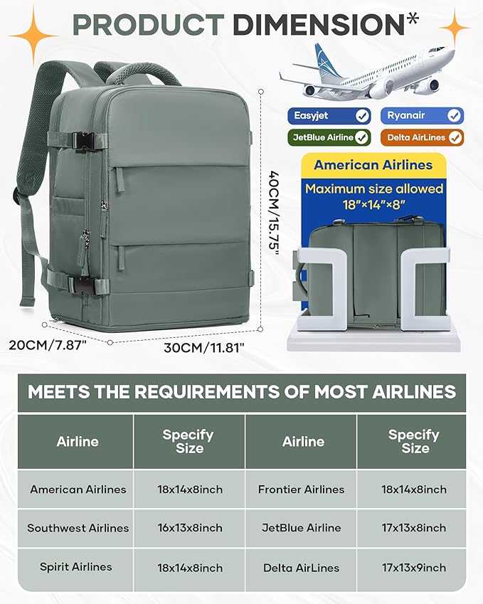 Travel Backpack for Women Airline Approved Carry on Backpack for Airplanes Mochila De Viaje Spirit Airlines Personal Item Bag 18x14x8 Personal Item Travel Bag Backpack for Traveling on Airplane
