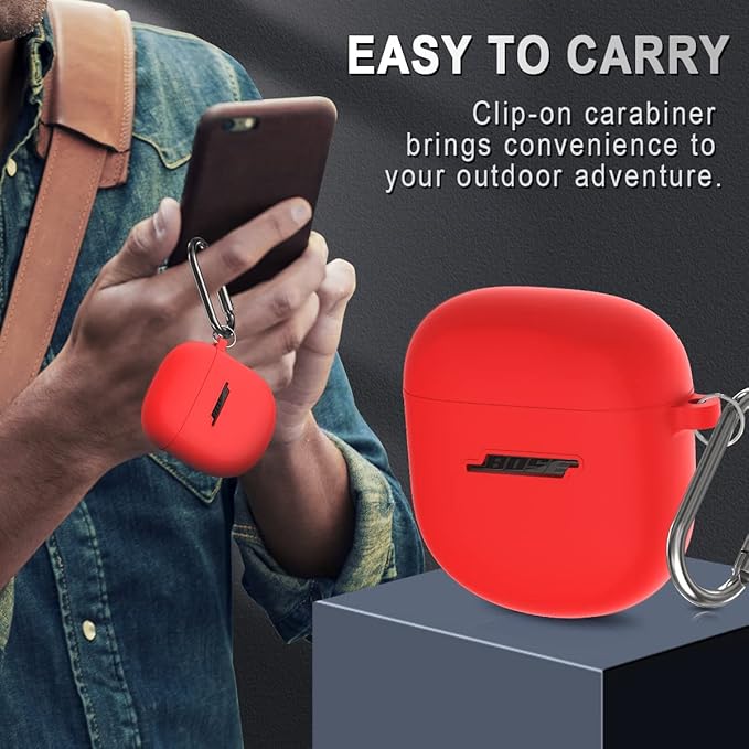 Silicone Case for Bose QuietComfort Earbuds II (2022) & QuietComfort Ultra (2023), Shockproof Protective Cover With Keychain for Men Women (Red)