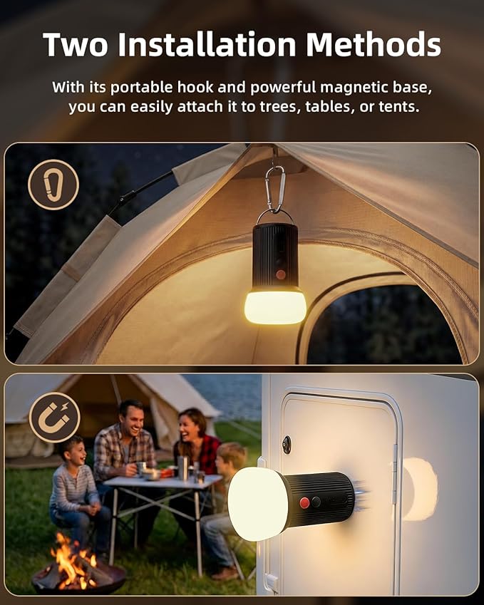 LED Rechargeable Camping Lantern with Hook - 6000mAh Emergency Outdoor Camping Lights, IPX5 Water Resistant Portable Tent Lights for Hiking, Backpacking, Fishing, Outages (Black 2Pack)