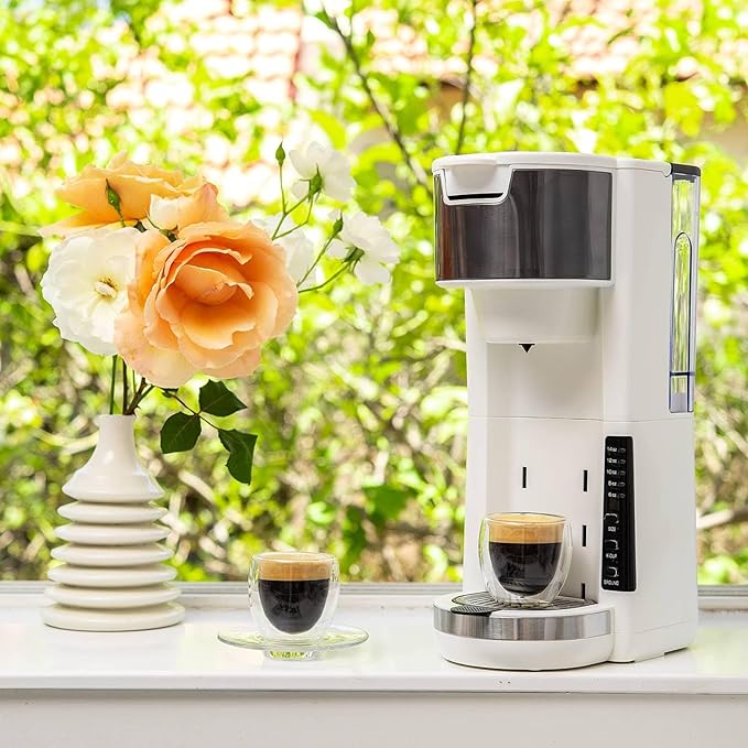 Single Serve Coffee Maker, 2 in 1 Brewer for K Pod & Ground Coffee, 180s Rapid Brew 6 to 14oz Capacities with Auto Shut Off, Small Compact Design for Home Office Travel Camping-White