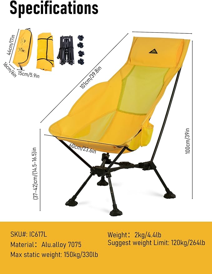 iClimb Ultralight Compact Camping Folding Beach Chair with Anti-Sinking Large Feet (Yellow - Triangular Frame High Back)