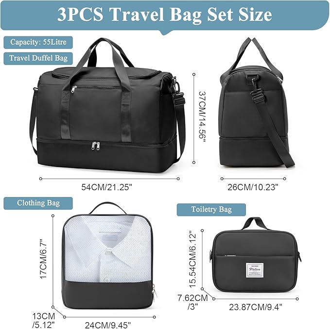 Extra Large Travel Duffle Bag,Carry on Overnight Weekend Bag with Shoes Compartment,Weekender Bags for Women for Travel Business Trips Sport Hospital,3 Pcs Set,Black