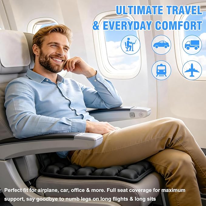Upgrade Travel Cushion Airplane Seat with No External Pump, 3D Inflatable Seat Cushion, Adjustable Air Cushion with Non-Skid, Coccyx Tailbone Pain Relief Chair Pad for Office, Car, Wheelchair