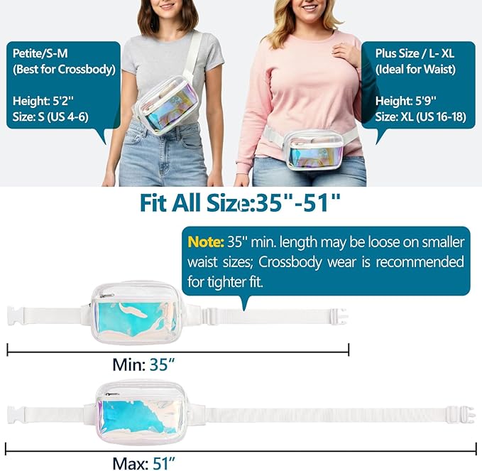 Veckle Holographic Fanny Pack for Women - Plus Size 35-51 Inch Iridescent Clear Belt Bag, Adjustable Crossbody Waist Bag for Concert, Festivals, Raves, Theme Parks, White
