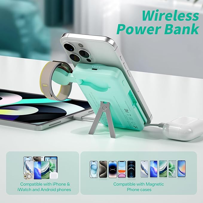 Magnetic Portable Charger Built-in Cables,10000mAh Fast Charging Wireless Charger Station External Battery Pack Slim Pocket Size Power Bank with Stand Compatible with iWatch, iPhone